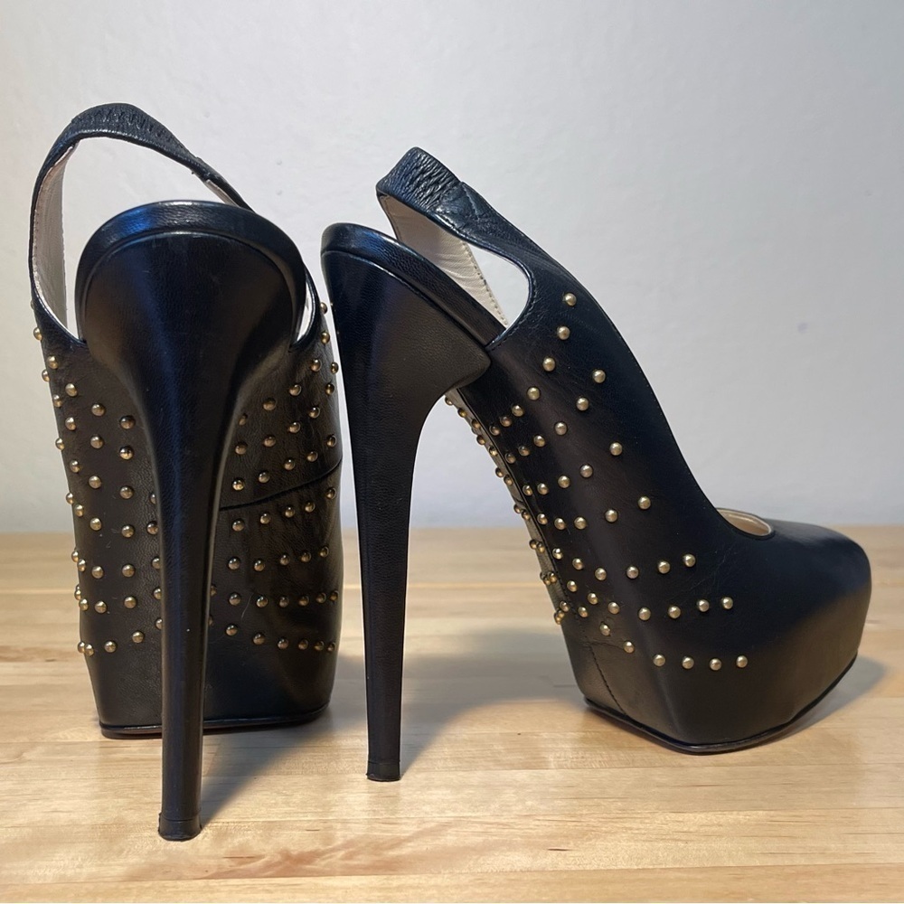 B Brian Atwood Black Studded Leather Platform Slingback Pumps Designer Heels